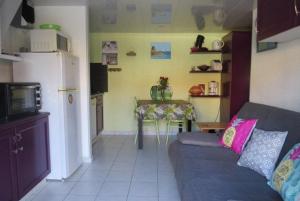 sala de estar con sofá y cocina pequeña en Agréable Maison Résidence au calme - terrasse- parking privé - 6ANI84 en Le Barcarès
