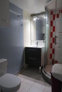 y baño con aseo, lavabo y ducha. en Agréable Maison Résidence au calme - terrasse- parking privé - 6ANI84 en Le Barcarès