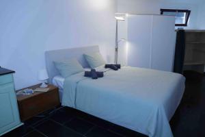 ein Schlafzimmer mit einem großen weißen Bett und einem Nachttisch in der Unterkunft Casa al Bosco in Gordevio