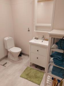 Łazienka z białą toaletą i umywalką w obiekcie Ferienhaus Segenäs Schweden w mieście Stöllet