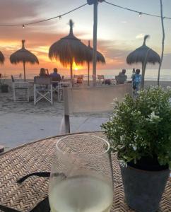 a glass of wine sitting on a table on the beach at Noordwijk BB228 in Noordwijk