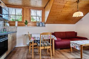 cocina y sala de estar con sofá rojo en Drei-mädelhaus Ambs Wohnung 1 en Ravensburg