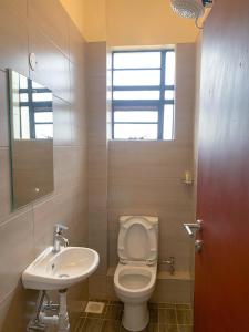 a bathroom with a toilet and a sink and a window at Egoli Premiere Serviced Apartments by Nest & Nomad in Nairobi