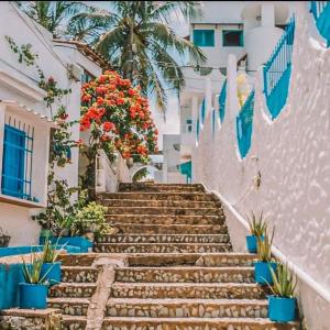 a set of stairs in a town with flowers at El santorini colombiano en Doradal in Puerto Triunfo