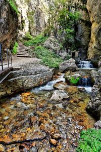 a river with rocks and a bridge in a canyon at Hotel Ristorante Da Roverino in Comunanza
