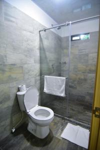 a bathroom with a toilet and a shower at Centro agroecoturistico las heliconias in Monterrey