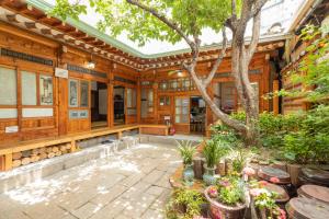Dongmyo Hanok Sihwadang - Private Korean Style House in the City Center with a Beautiful Garden في سول: منزل قديم مع شجرة في الفناء