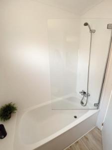a white bath tub with a shower in a bathroom at Apartamento Nuria Comillas in Comillas