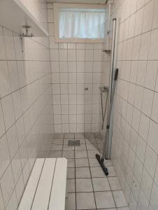a bathroom with a shower with a toilet and a window at Halland Camping in Berkåk
