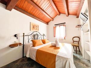 a bedroom with a bed in a room with wooden ceilings at S’ammentu house in Bosa