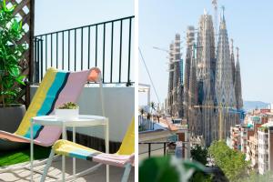 a chair and a table on a balcony with a building at Suite Home Sagrada Familia in Barcelona