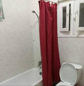 a bathroom with a red shower curtain and a toilet at Nile River Bed and Breakfast in Luxor