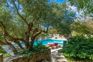 a swimming pool with a tree in the yard at Eleonas Holiday Houses in Gialova