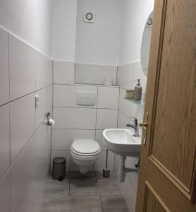 a white bathroom with a toilet and a sink at Ferienwohnung Mesdag in Lambertsberg