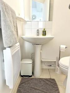 a white bathroom with a sink and a toilet at La Topaze Bleue - Romans in Romans-sur-Isère