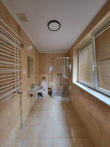 a bathroom with a shower and a toilet and a sink at Hotelik Likusy - przy plaży nad jeziorem Ukiel i z bezpłatnym prywatnym parkingiem in Olsztyn