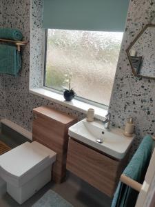 a bathroom with a sink and a toilet and a window at Stunning Views Peaceful Split Level Bungalow in Sutton in Ashfield