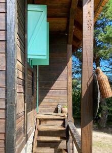 a wooden house with a window and a teddy bear on the porch at Cottages of Nišići in Sarajevo