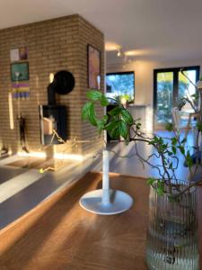 a living room with a table with a plant in a vase at Cheerful 3-bedroom Home, Close To Lakes in Farum