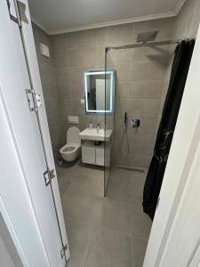 La salle de bains est pourvue d'une douche, de toilettes et d'un lavabo. dans l'établissement Apartman JaVi, à Bar