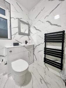 ein Bad mit einem WC und einer Marmorwand in der Unterkunft House in the Heart of Manchester in Manchester