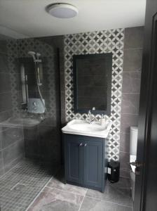 a bathroom with a sink and a shower at Fox's Cottage in Millstreet +12 photos