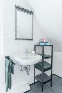 a bathroom with a sink and a mirror at Essens Grüne Mitte , Direkt an der KEM Klinik, Freie Parkplätze und Netflix in Essen +9 photos