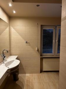 een badkamer met een wastafel en een douche bij BeigeRoom in Warschau