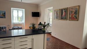 a kitchen with a black counter top in a room at Casa Beija-Flor in Mogofores