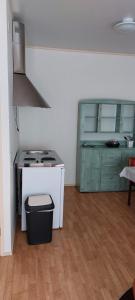 cocina con estufa blanca y armario verde en Posio Apartments, en Posio