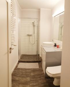 a bathroom with a shower and a toilet and a sink at Klimatyczny apartament z balkonem w samym centrum Wrocławia - W6 in Wrocław