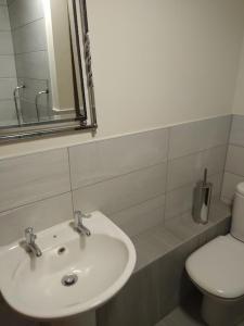 La salle de bains est pourvue d'un lavabo blanc et de toilettes. dans l'établissement 124A Castle Street Hinckley, à Hinckley
