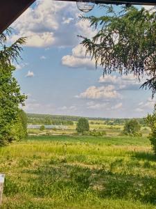 einen Blick auf ein Feld aus einem Fenster in der Unterkunft Ozierański Raj "Pod rzeźbami" in Krynki