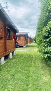 a row of wooden huts are lined up in a yard at Ośrodek Wypoczynkowy ADA in Niesulice