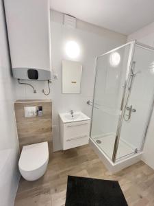 a bathroom with a shower and a toilet and a sink at Domek Letniskowy Soluch in Rewal