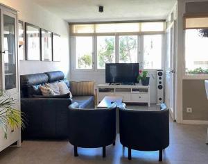 Una sala de estar con dos sofás y un televisor. en Apartment Coloma Piscina y Parking Hostem, en Vilanova i la Geltrú