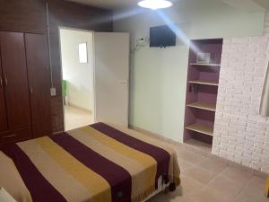 een slaapkamer met een bed en een tv. bij Apart Eva Luna Departamentos y Habitaciones con baño privado in Las Grutas