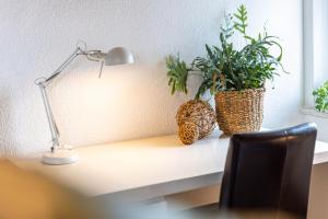 uma secretária com um candeeiro e plantas sobre ele em Ferienwohnung Kalkau em Lichtenstein