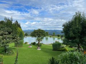 a view of a park with a large lake at Schmuckstück im Allgäu in Scheidegg