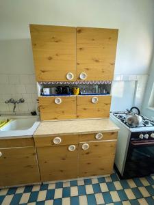 cocina con armarios de madera, fregadero y fogones en Nosztalgia Villa, en Mezőkövesd