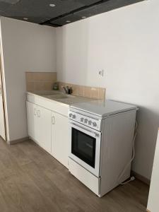 a kitchen with a white stove and a sink at Le_QG_Meymanais in Beauregard-Baret