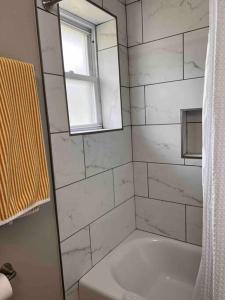 ein Bad mit einer Dusche, einer Badewanne und einem Spiegel in der Unterkunft Perfect little paradise in Geneva