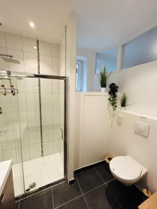 een badkamer met een douche en een toilet bij L’etape des sacres in Reims