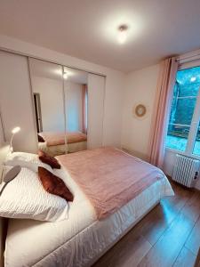1 dormitorio con 1 cama grande y espejo grande en L’etape des sacres en Reims