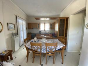 een keuken met een tafel en stoelen in een kamer bij Thalatta and Oros Traditional Villa in Tiros