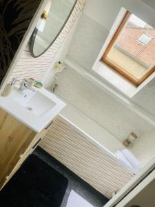 ein Bad mit einem Waschbecken und einem Spiegel in der Unterkunft L idylle de Guillaume in Falaise