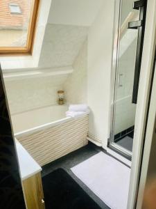 ein kleines Bad mit einer Badewanne und einer Dusche in der Unterkunft L idylle de Guillaume in Falaise