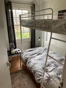 ein Schlafzimmer mit zwei Etagenbetten und einem Fenster in der Unterkunft Quaint Edwardian Cottage in London