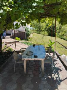 einen blauen Tisch und zwei Stühle auf einer Terrasse in der Unterkunft Smeštaj Milekić - Nova Varoš in Vraneša