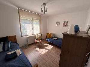 a bedroom with a bed and a chair and a window at Kisvirág Vendégház in Balatonvilágos